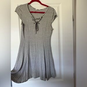 Ribbed, Gray and White Striped Skater Dress. Size medium.